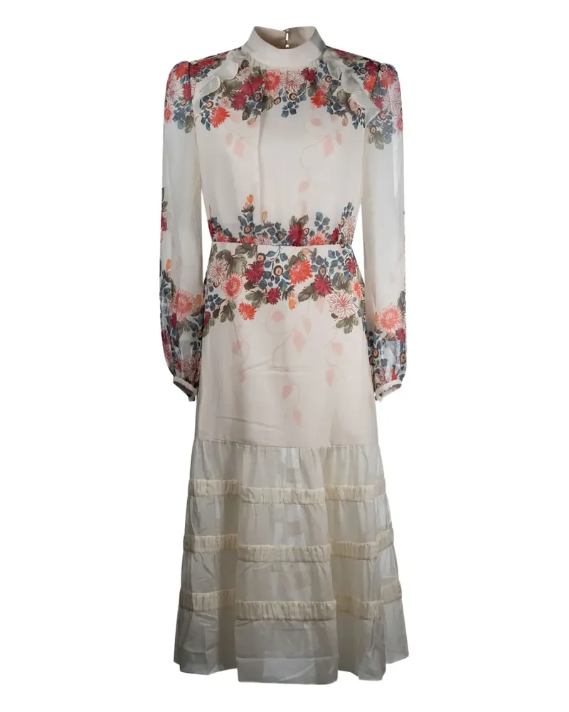 Saloni Gestuftes Jacqui Kleid mit Blumen-Print - Weiß Weiß