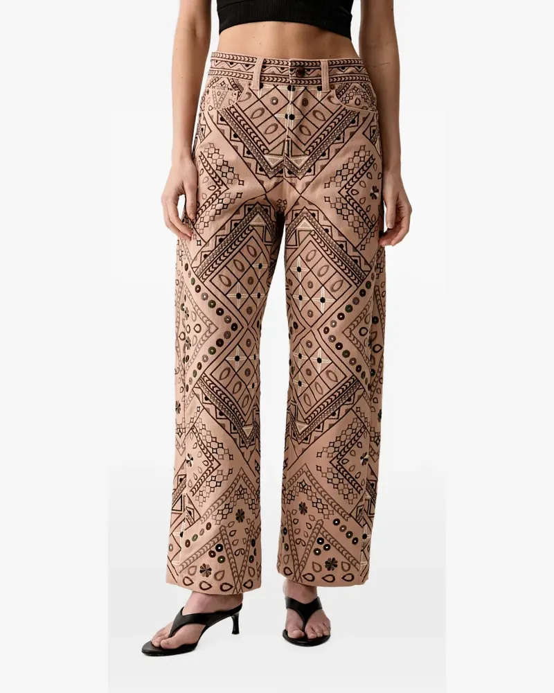 FARM Rio geometric-embroidered straight-leg trousers - Nude Nude