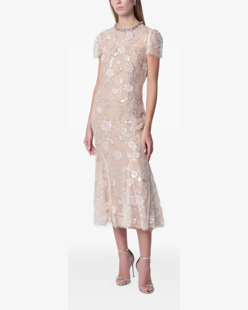 Self-Portrait Midikleid mit pinkem Blumenprint - Nude Nude