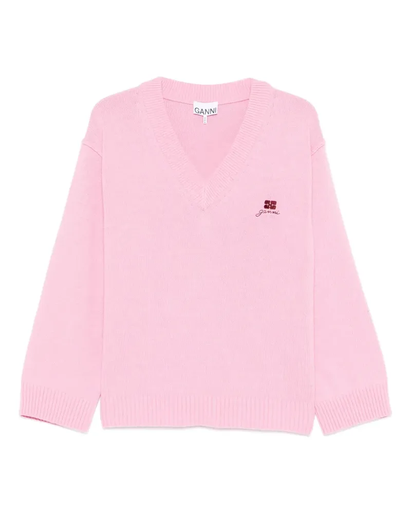 Ganni V-neck embroidered sweater - Rosa Rosa