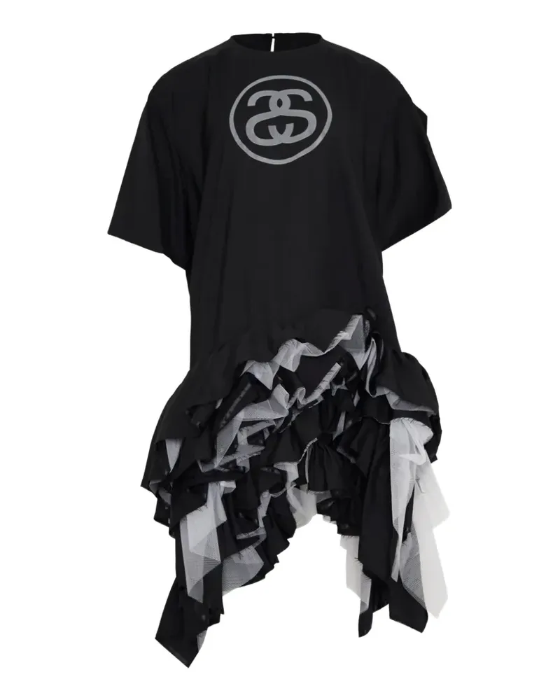 Junya Watanabe Gerüschtes Minikleid mit grafischem Print - Schwarz Schwarz