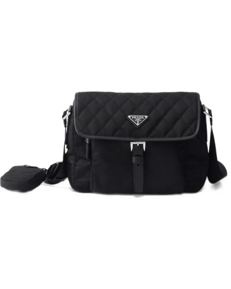 Prada Mittelgroße Re-Nylon Schultertasche mit Saffiano-Lederbesatz - Schwarz Schwarz