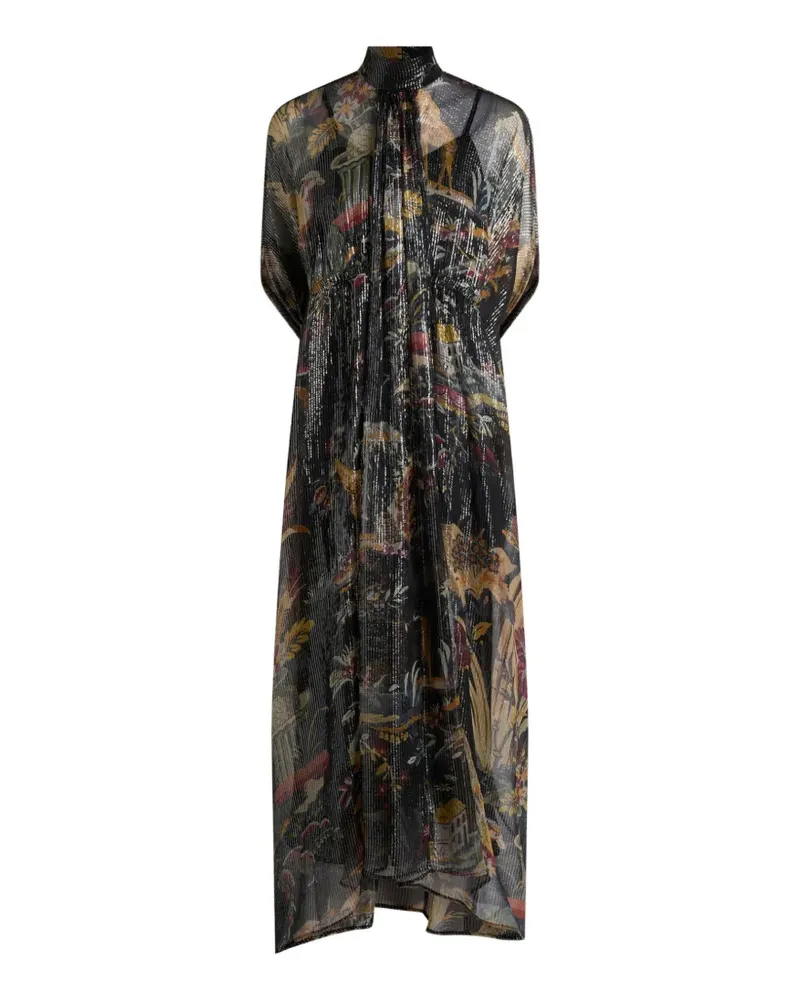 Etro long silk dress with cape detail and flower and animal motif - Schwarz Schwarz