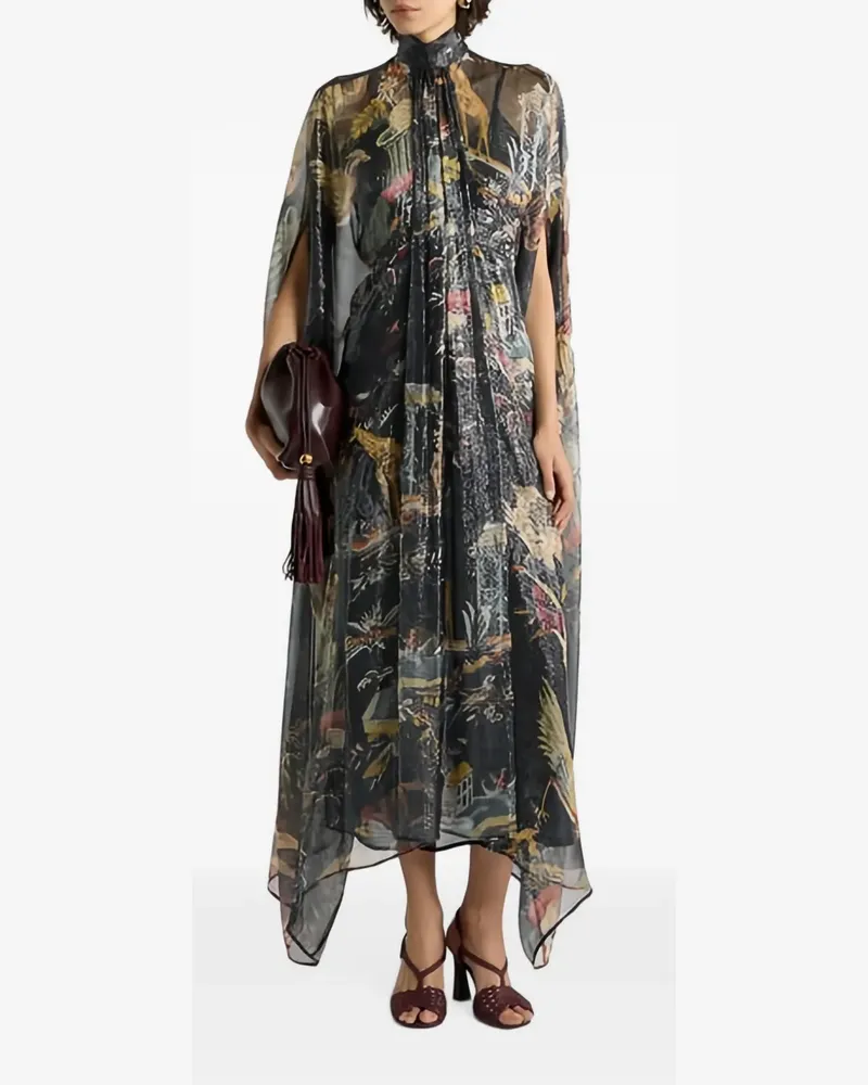 Etro Langes Seidenkleid mit Cape-Detail - Schwarz Schwarz