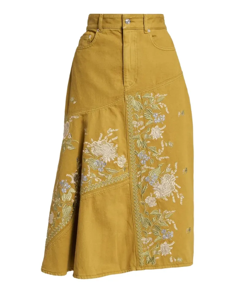 Erdem floral-embroidered denim midi skirt - Gelb Gelb