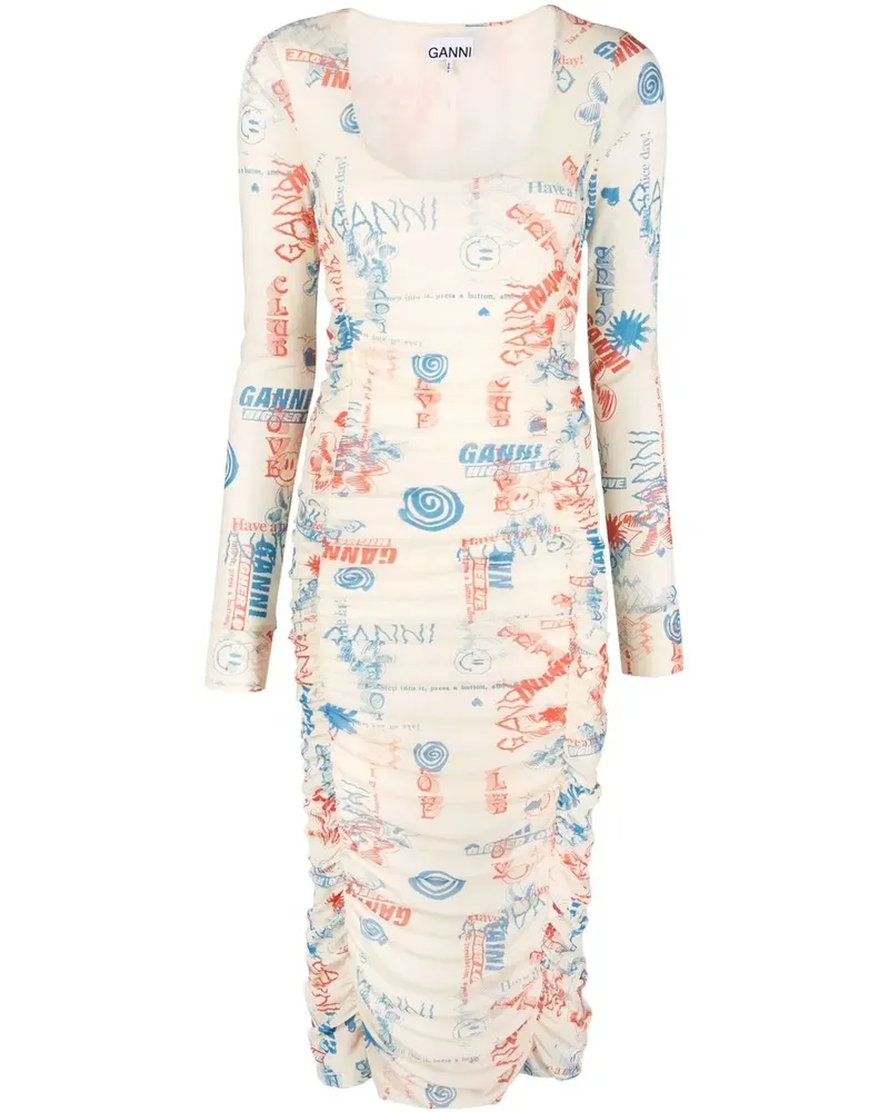 Ganni Midikleid mit Logo-Print - Nude Nude