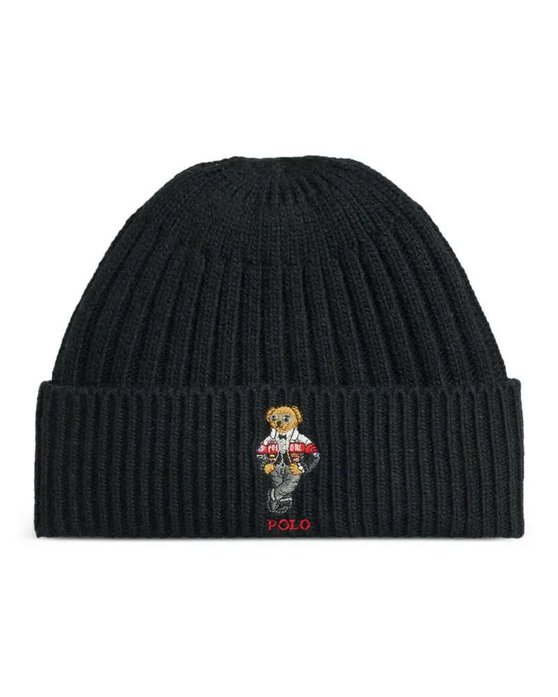 Ralph Lauren Gerippte Beanie mit Polo Bear - Schwarz Schwarz