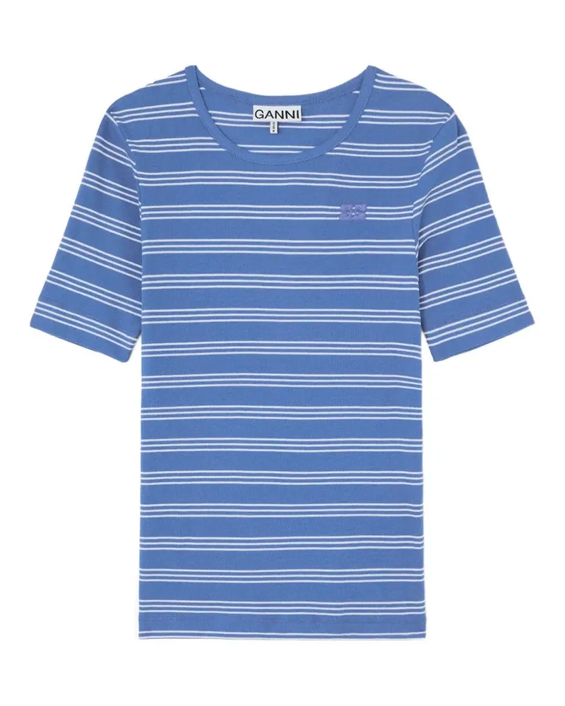 Ganni Gestreiftes T-Shirt aus Rippstrick - Blau Blau