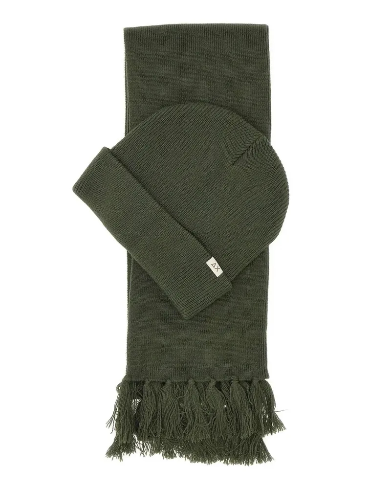 Sun68 Geripptes Beanie-Set mit Fransenschal - Grün Grün