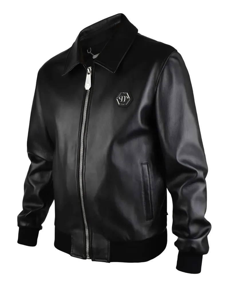 Philipp Plein logo-patch leather jacket - Schwarz Schwarz