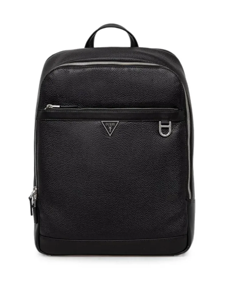 Guess Monaco Rucksack aus strukturiertem Kalbsleder mit Logo-Schild - Schwarz Schwarz