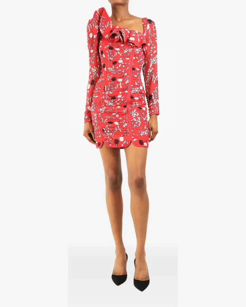 Self-Portrait Gerafftes Minikleid mit Blumenprint - Rosa Rosa