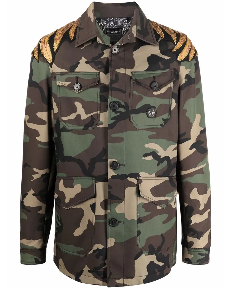 Philipp Plein Golden Eagle Jacke mit Camouflagemuster Braun