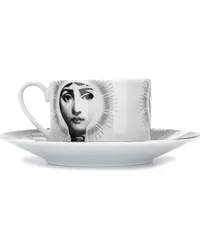 Fornasetti Bemalte Dekotasse mit Untertasse Weiß