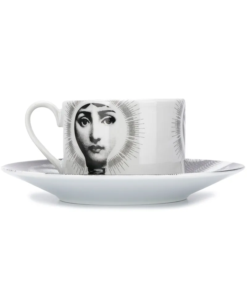 Fornasetti Bemalte Dekotasse mit Untertasse Weiß