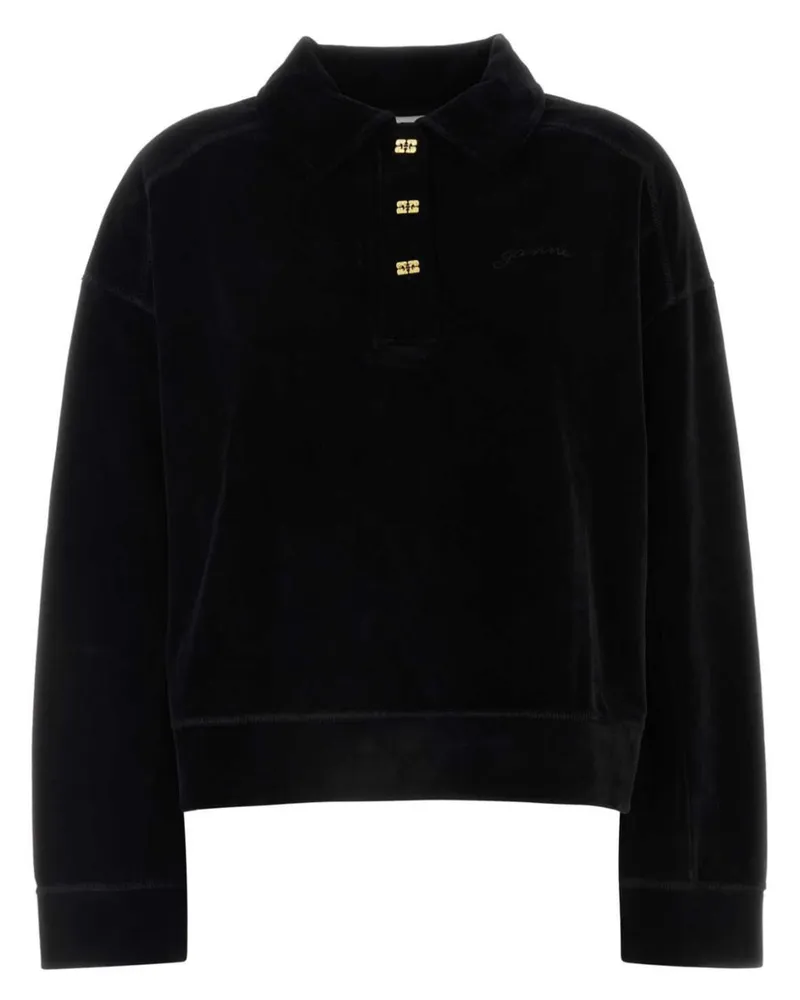 Ganni Poloshirt in Samtoptik - Schwarz Schwarz