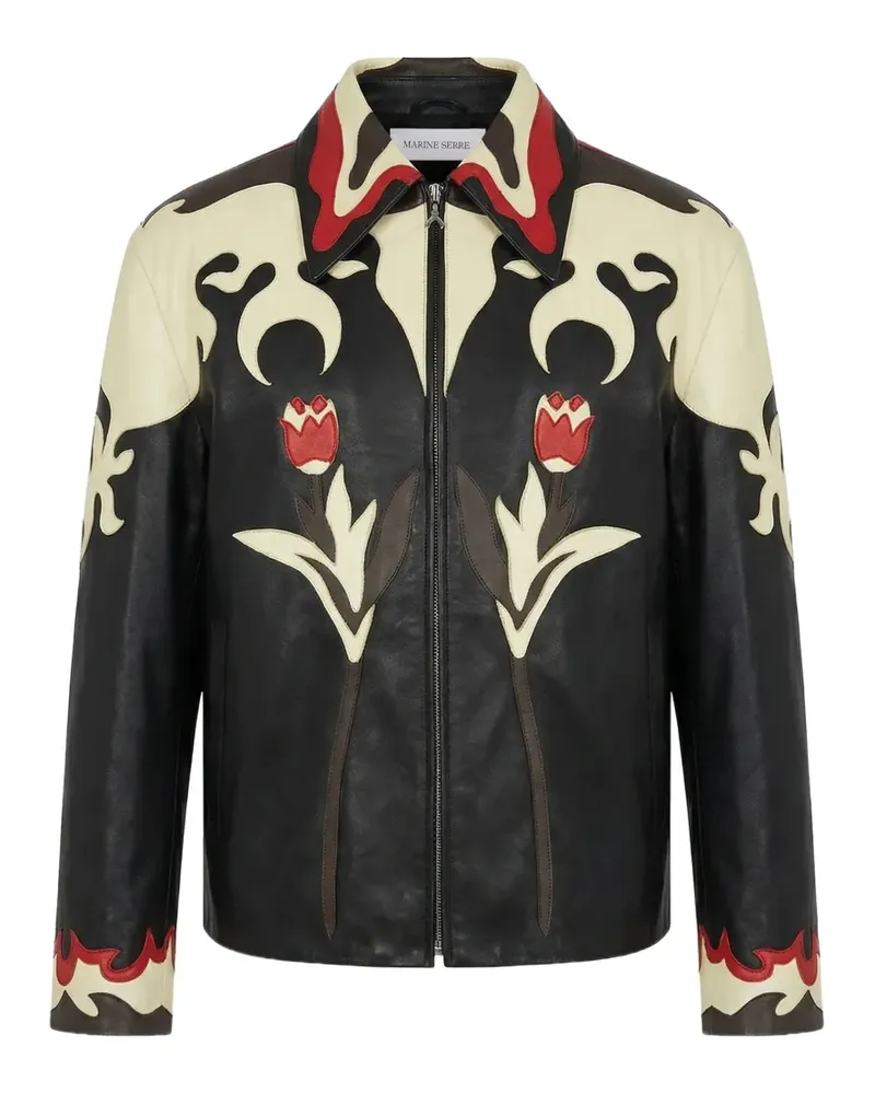 Marine Serre floral-patch leather jacket - Schwarz Schwarz
