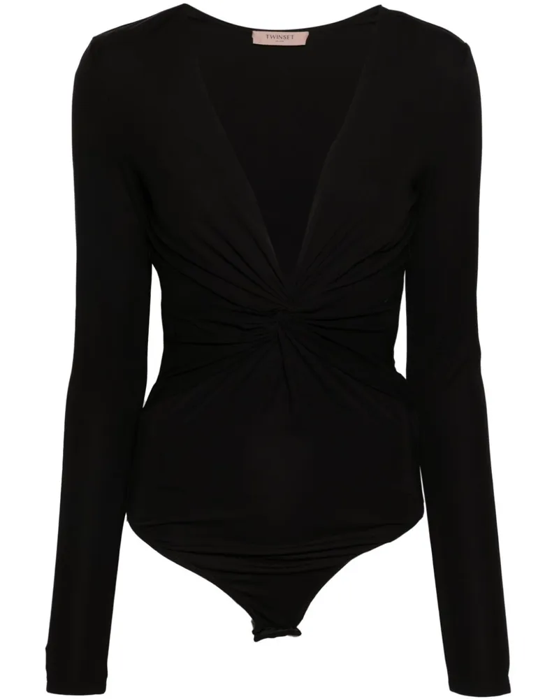 Twin-Set Geraffter Body mit V-Ausschnitt - Schwarz Schwarz