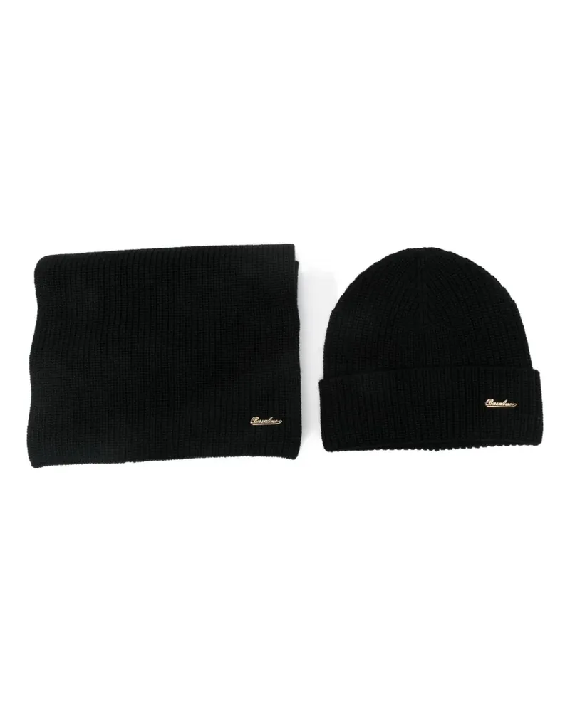 Borsalino Geripptes Beanie-Set mit Logo-Stickerei - Schwarz Schwarz