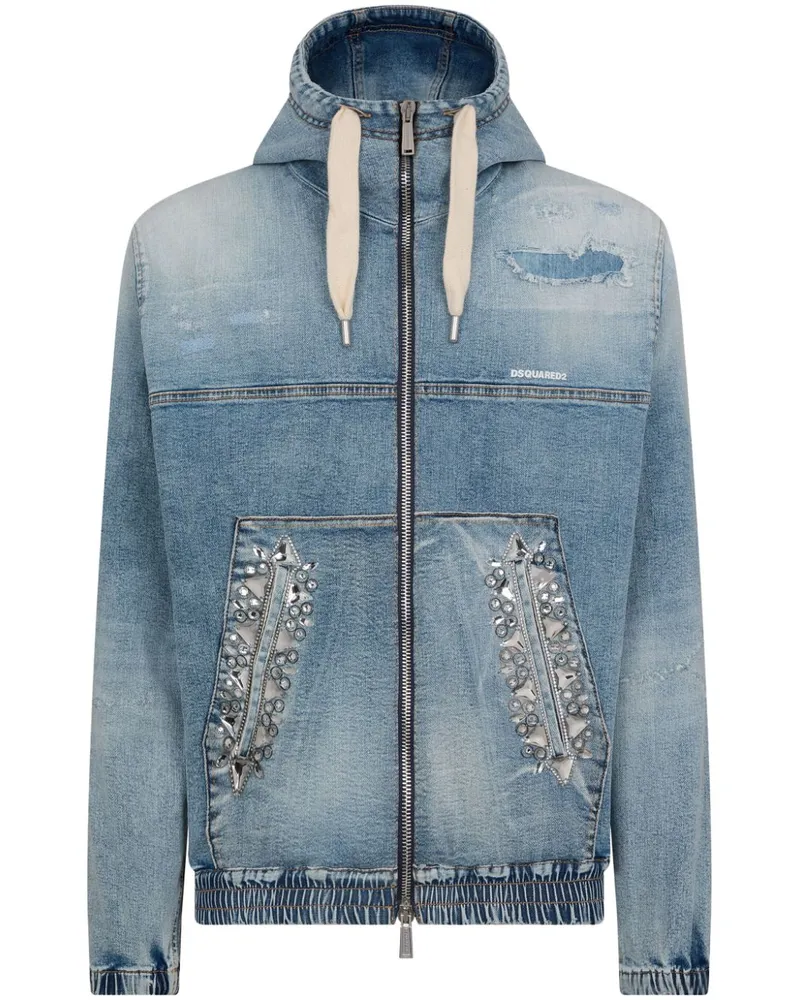 Dsquared2 Kristallverzierte Jeans-Bomberjacke mit Kapuze - Blau Blau