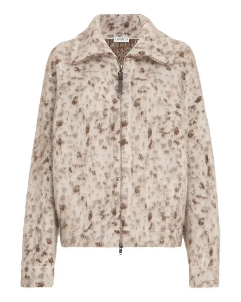 Brunello Cucinelli Lynx Cardigan aus Mohair und Wolle mit Jacquard und glänzendem Reißverschlussschieber - Nude Nude