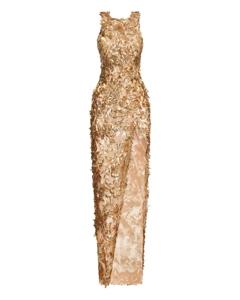 Oscar de la Renta Maxikleid mit Federn - Gold Gold
