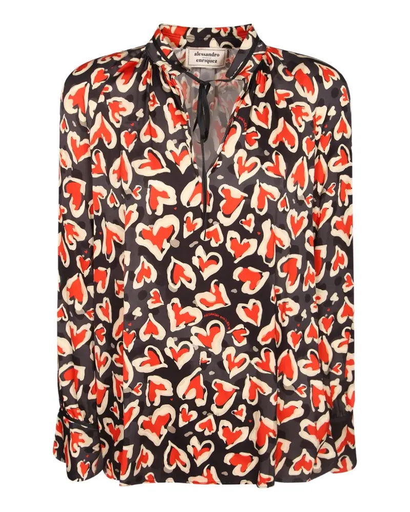 Alessandro Enriquez Bluse mit Herz-Print und Bindekragen - Schwarz Schwarz