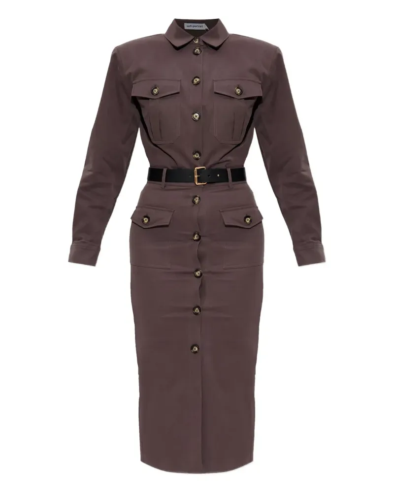 Self-Portrait Geknöpftes Kleid mit Gürtel - Braun Braun