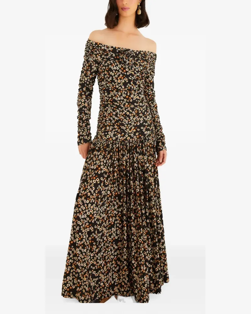FARM Rio Schulterfreies Maxikleid mit Blumenmuster - Schwarz Schwarz