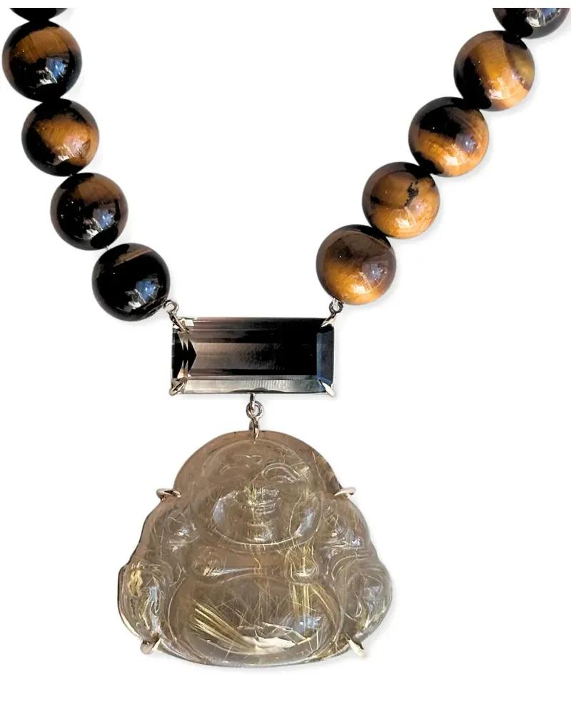JIA JIA 14kt Happy Buddha Weißgoldhalskette mit Rauchquarz und Tigerauge - Braun Braun