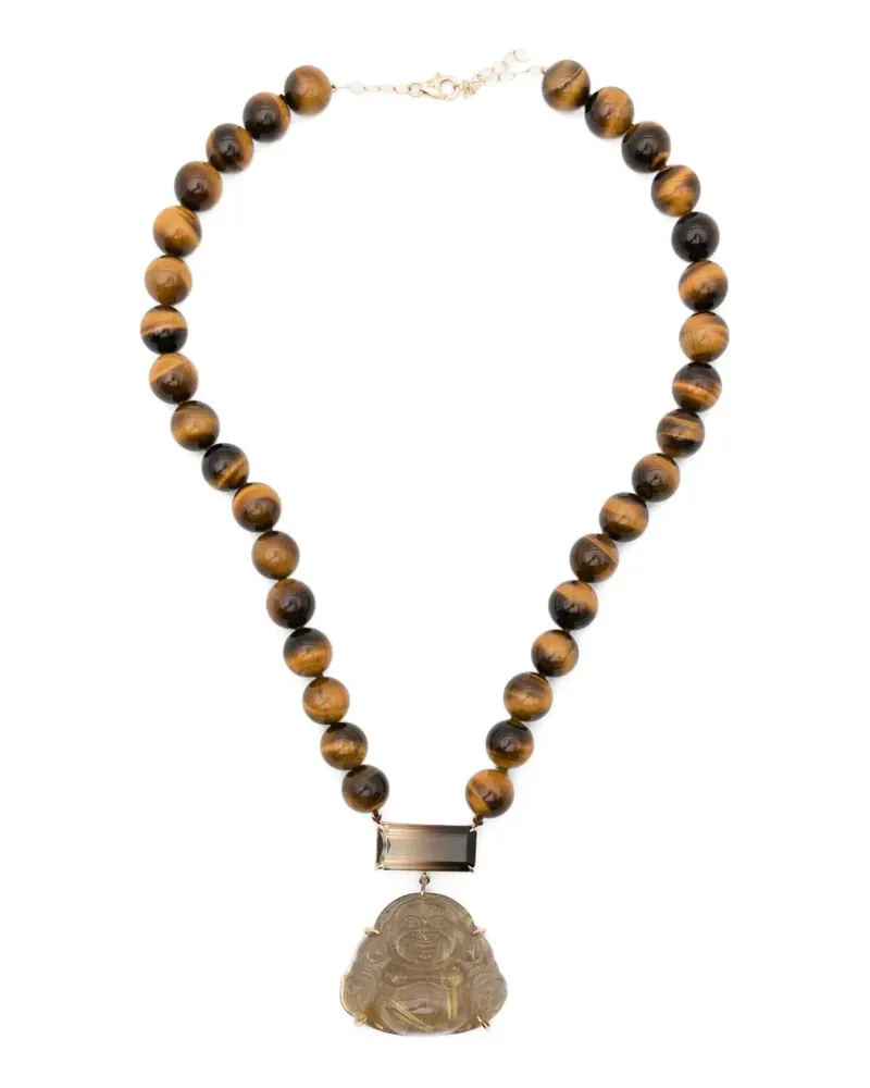 JIA JIA 14kt Happy Buddha Weißgoldhalskette mit Rauchquarz und Tigerauge - Braun Braun