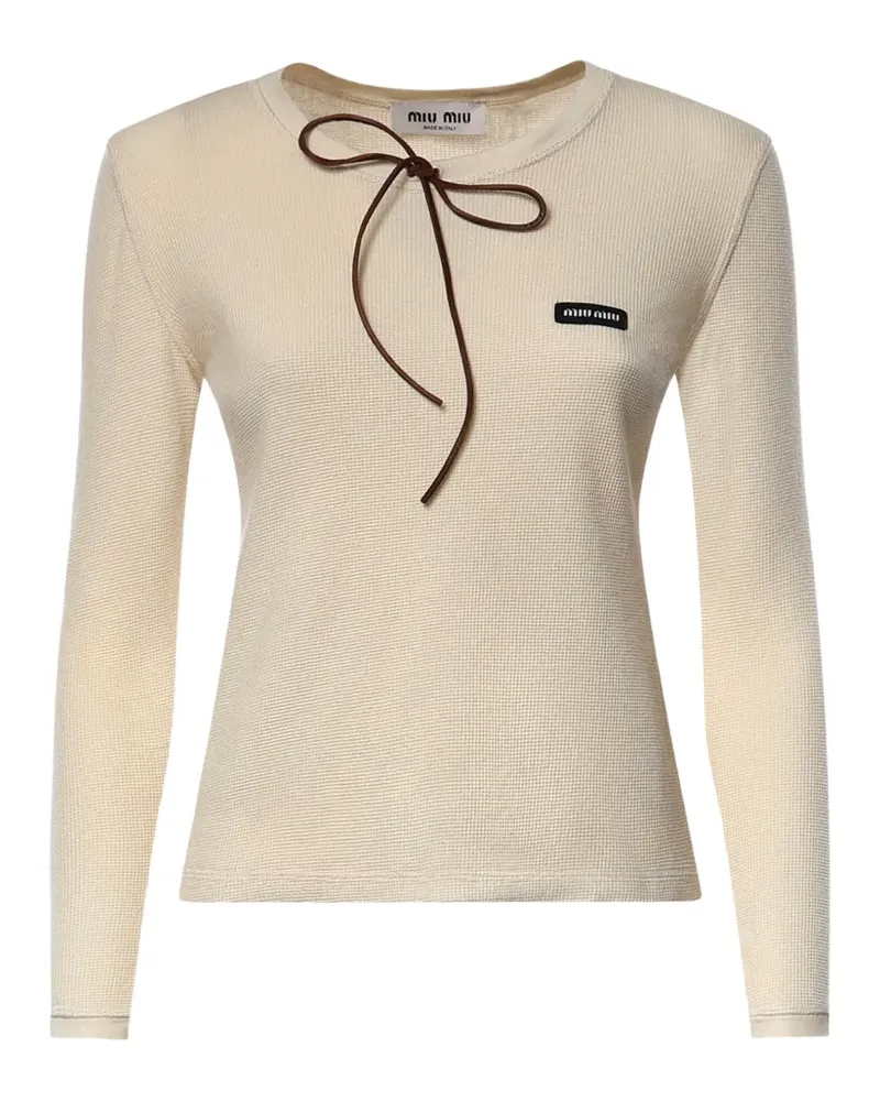 Miu Miu bow-detail waffle-knit long-sleeve T-shirt - Nude Nude