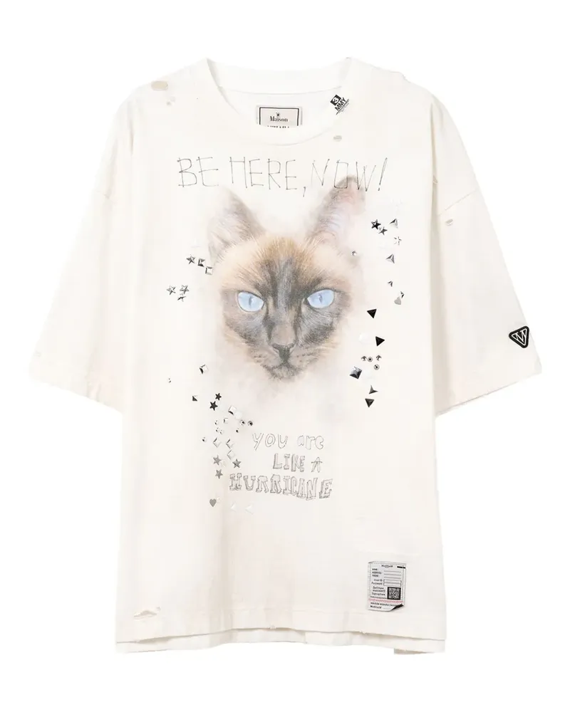 MIHARAYASUHIRO Distressed-T-Shirt mit Katzen-Print - Weiß Weiß