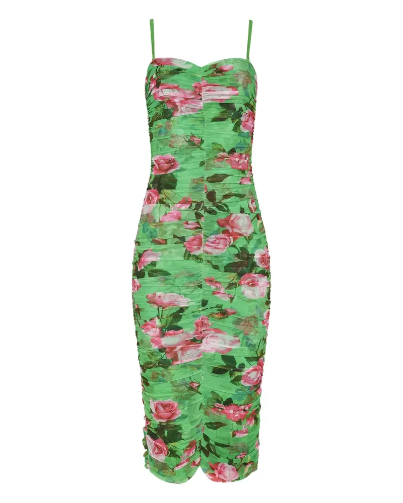 L'Agence Gerafftes Caprice Midikleid mit Rosen-Print - Grün Grün