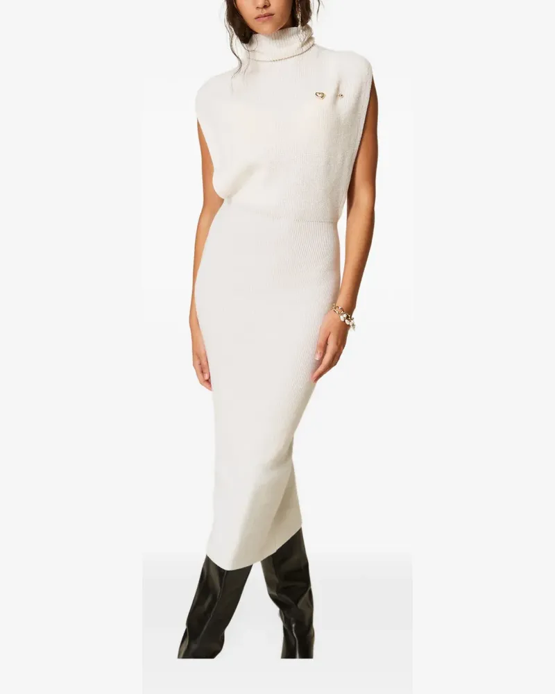 Twin-Set long wool-blend knit dress with brooch - Nude Nude