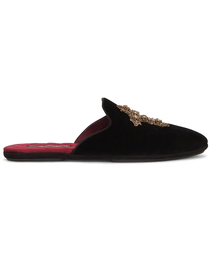 Dolce & Gabbana Slipper aus Samt mit Kreuzapplikation - Schwarz Schwarz