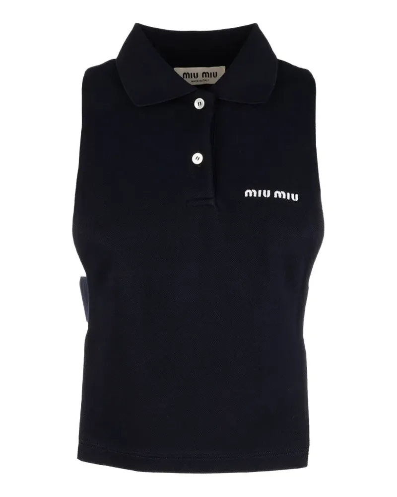 Miu Miu logo-embroidered sleeveless polo top - Blau Blau