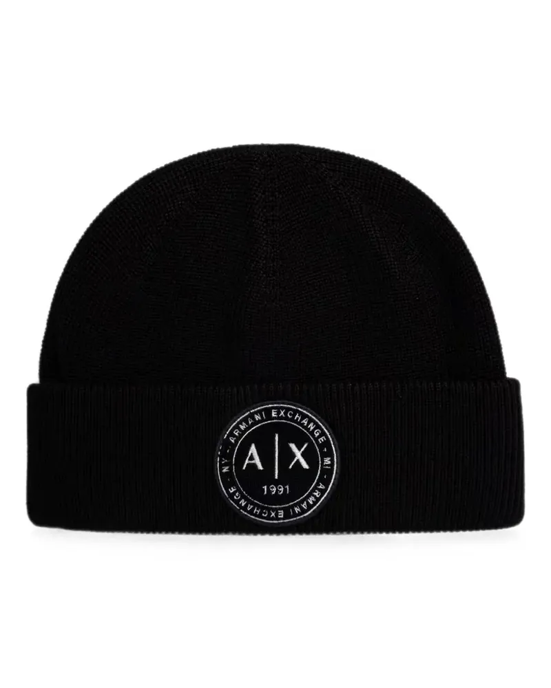 Armani Exchange logo-patch ribbed beanie hat - Schwarz Schwarz