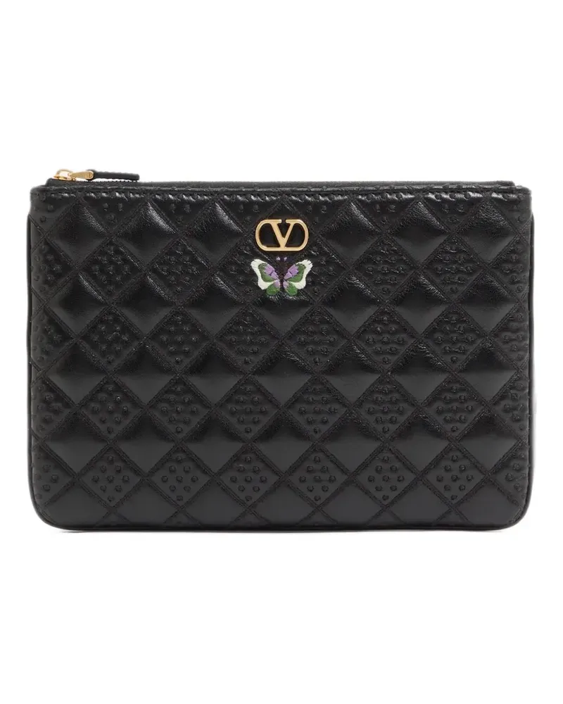 Valentino Garavani Flutterby Clutch aus glänzendem Nappaleder mit Schmetterlingsstickerei - Schwarz Schwarz