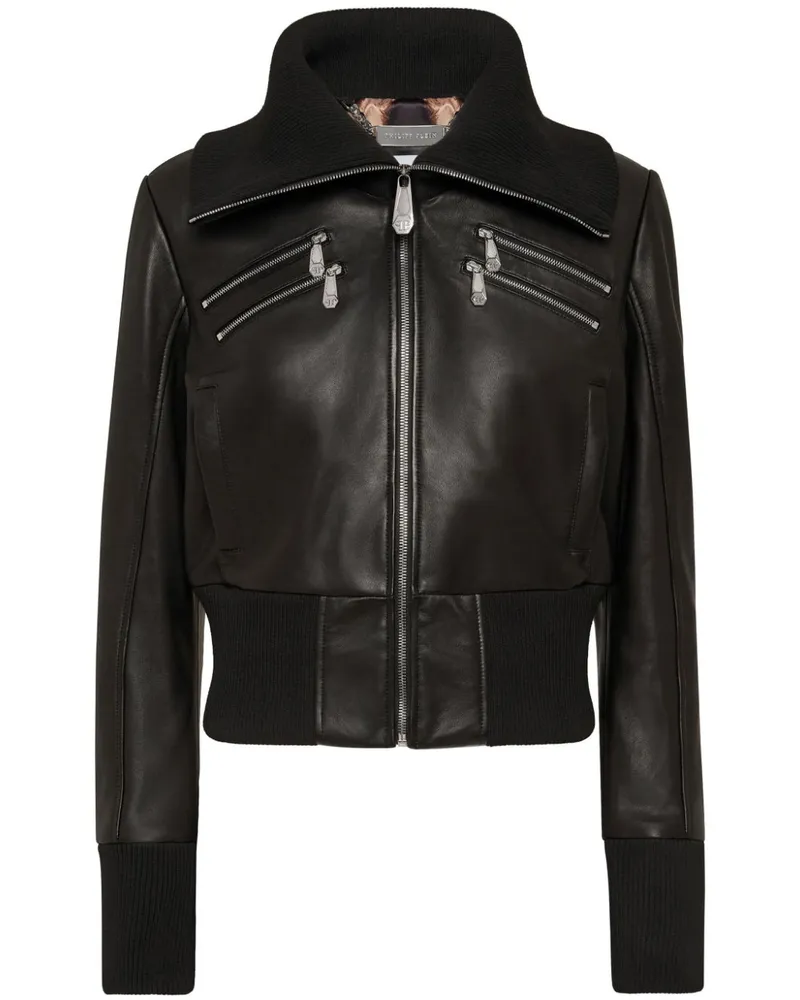 Philipp Plein Lederjacke mit gestricktem Kragen - Schwarz Schwarz