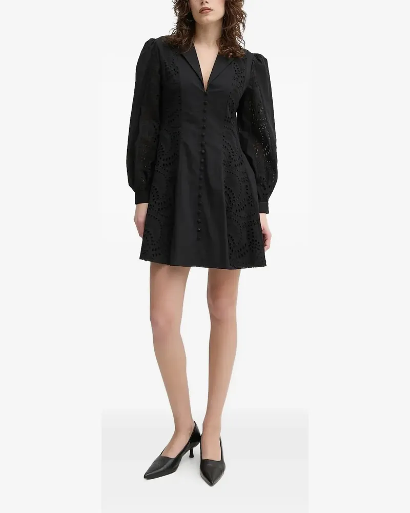Isabelle Blanche Puffärmel-Minikleid mit Ösenstickerei - Schwarz Schwarz