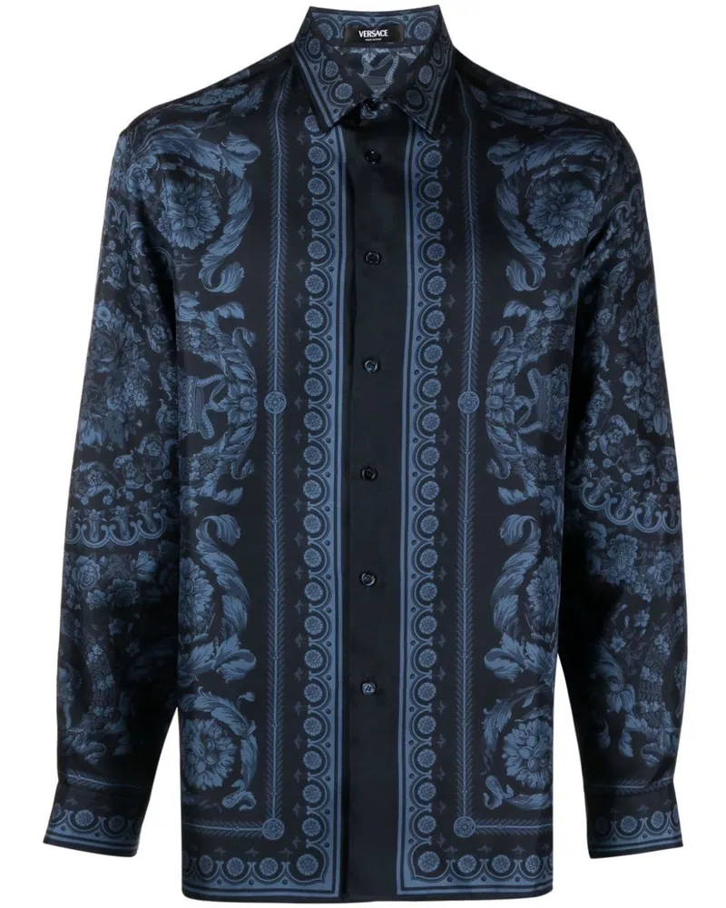 Versace Hemd aus Seide mit Barocco-Print Blau