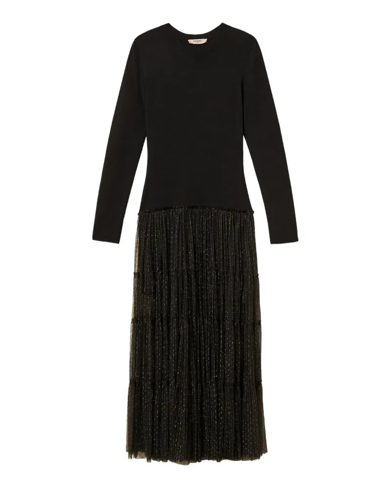 Twin-Set Langes Strickkleid mit Plumetis-Tüll - Schwarz Schwarz