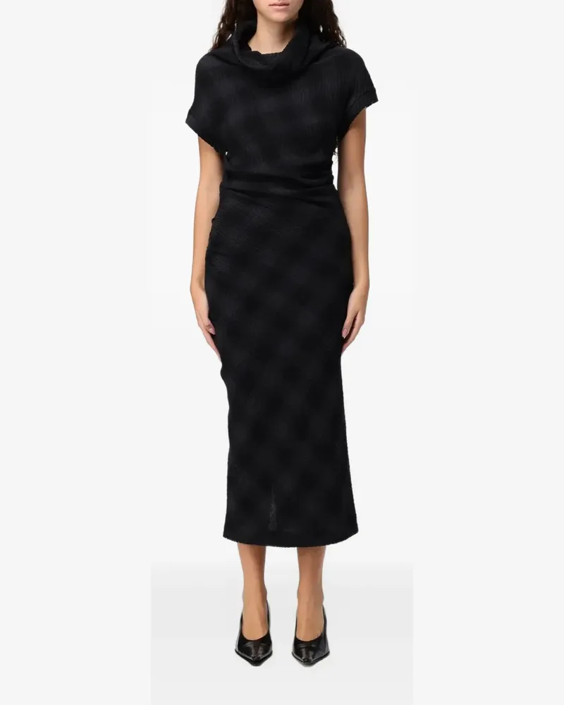 TELA Geripptes Midikleid mit Wasserfallkragen - Schwarz Schwarz