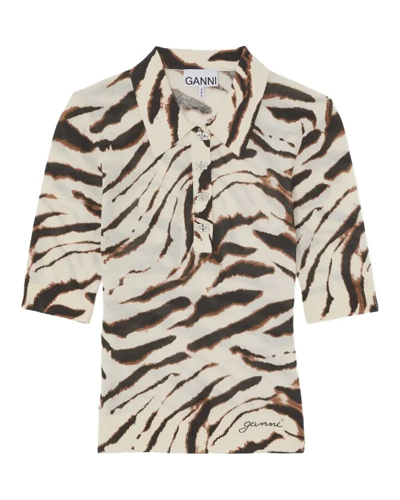 Ganni zebra-print logo-button polo shirt - Nude Nude