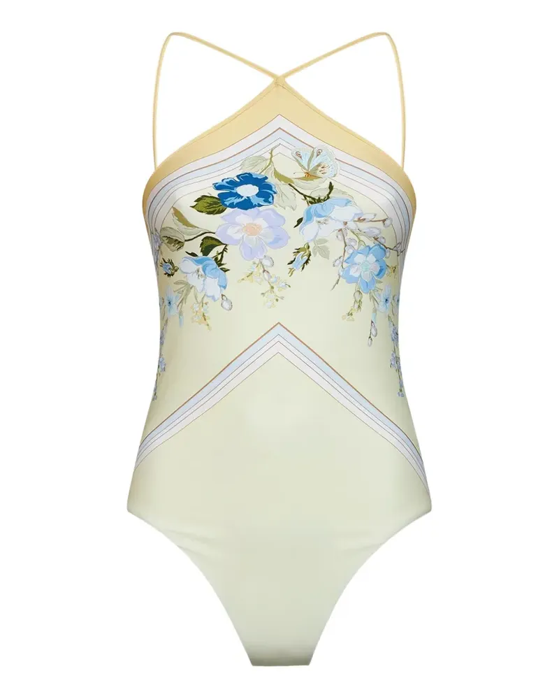 Self-Portrait floral-print halterneck swimsuit - Gelb Gelb