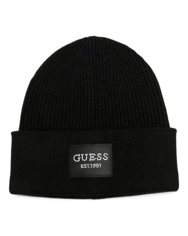 Guess logo-patch ribbed-knit beanie hat - Schwarz Schwarz