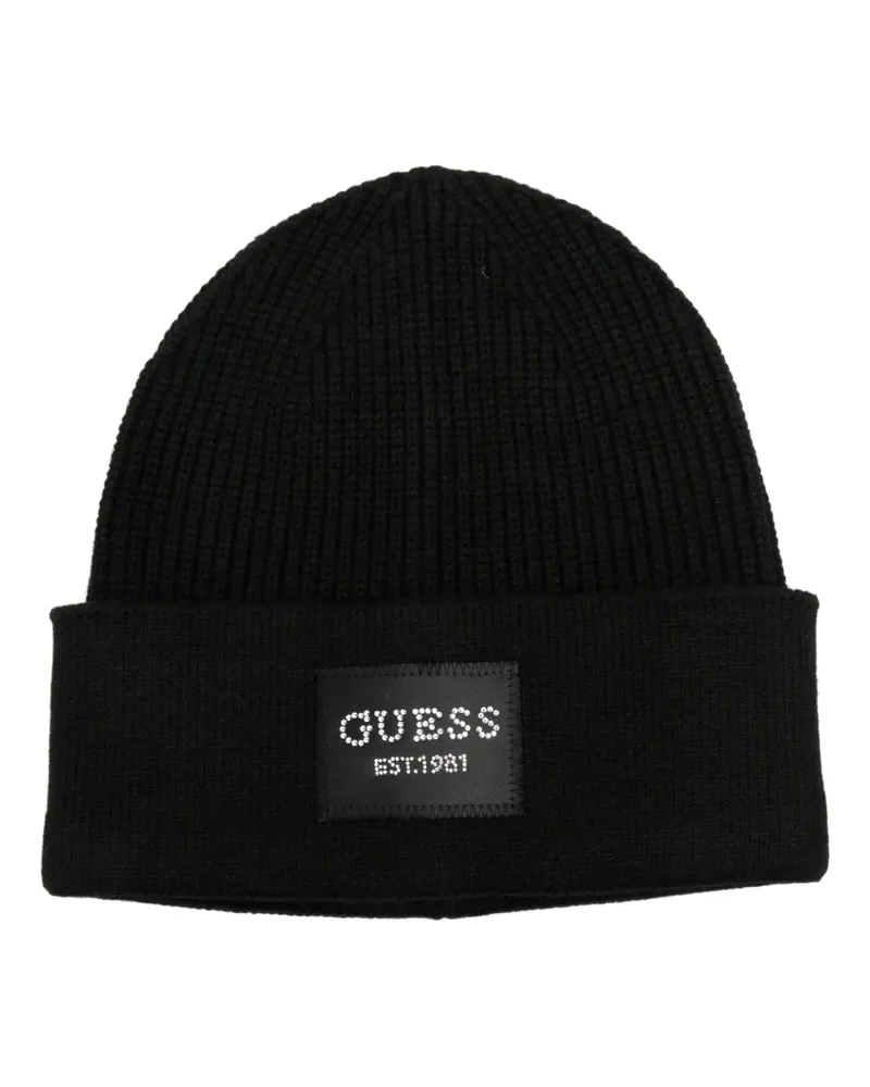 Guess Gerippte Beanie mit Logo-Patch - Schwarz Schwarz