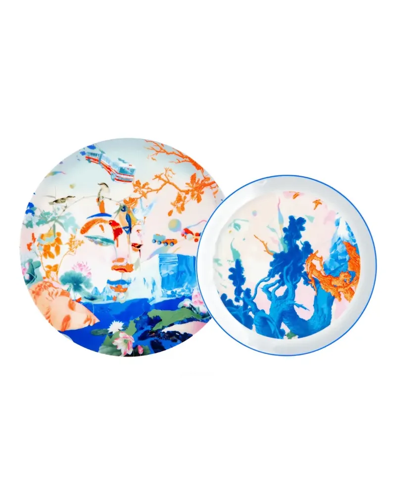Shanghai Tang x Jacky Tsai feine Knochenporzellanteller mit Blumen (2er-Set) - Blau Blau