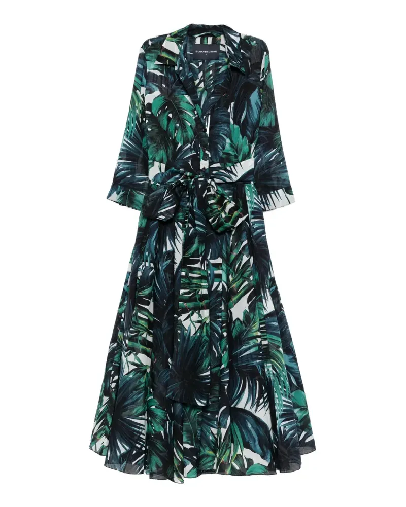 Samantha Sung Aster palm-print tie midi dress - Grün Grün
